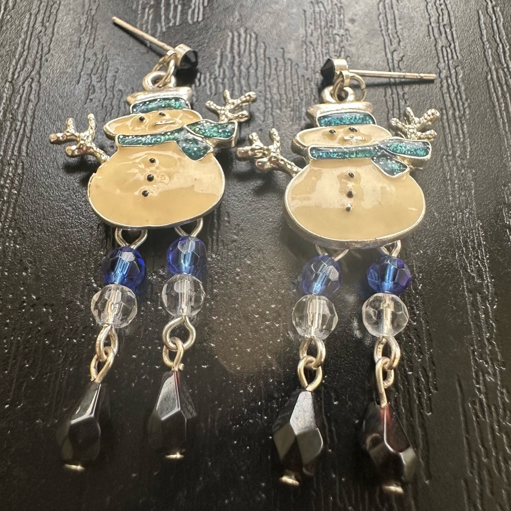 Vintage Snowman Enamel Beaded Legs Sparkly Dangle Pierced Earrings